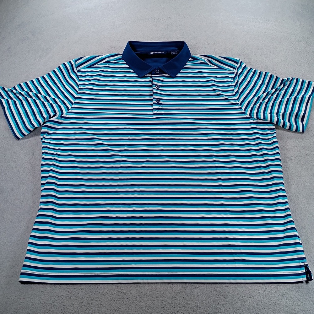 Cutter & Buck Mens Polo Blue Striped XXL Short Sleeve Golf Shirt